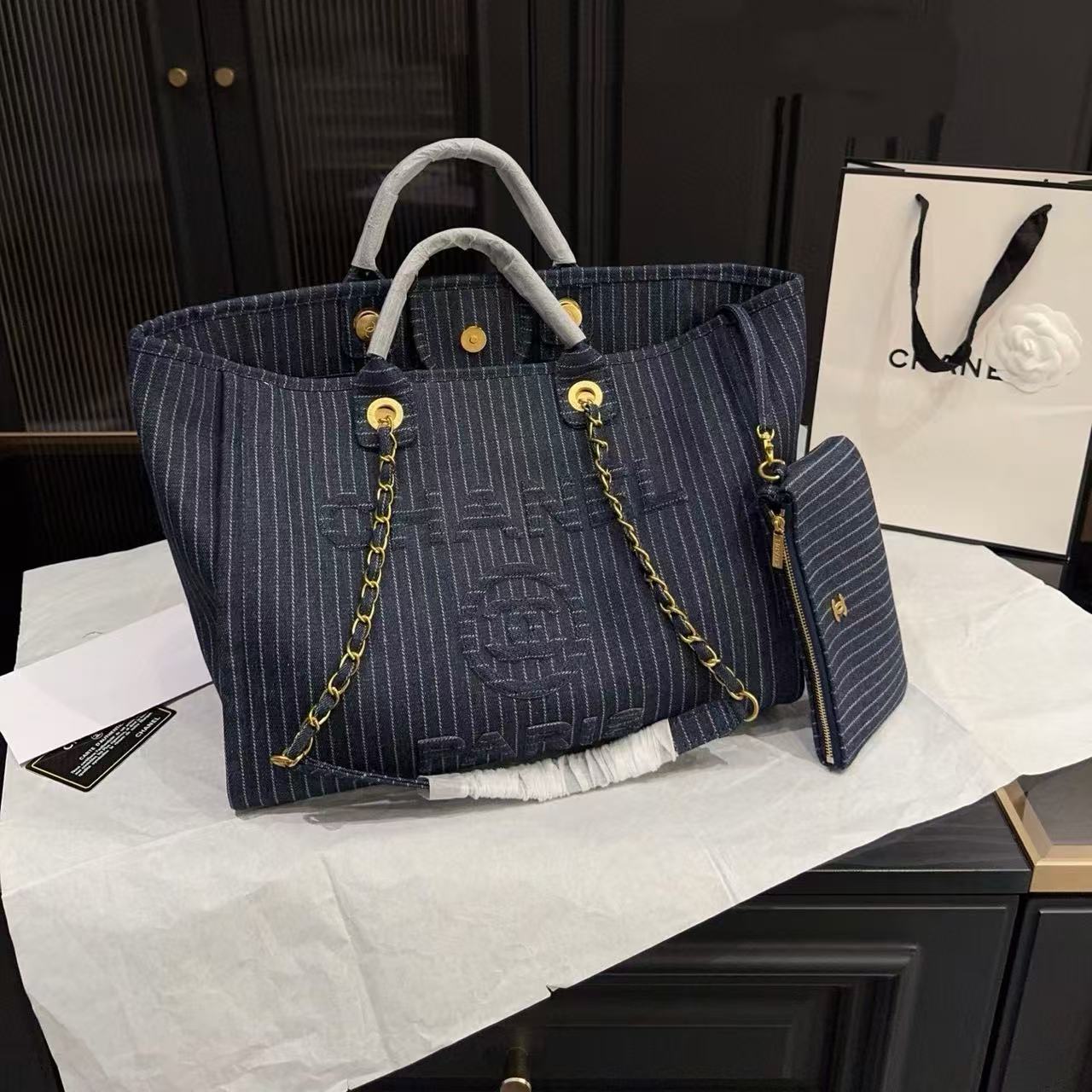 CHANE1 デニムチェーンビーチバッグ【50％割引+送料無料】