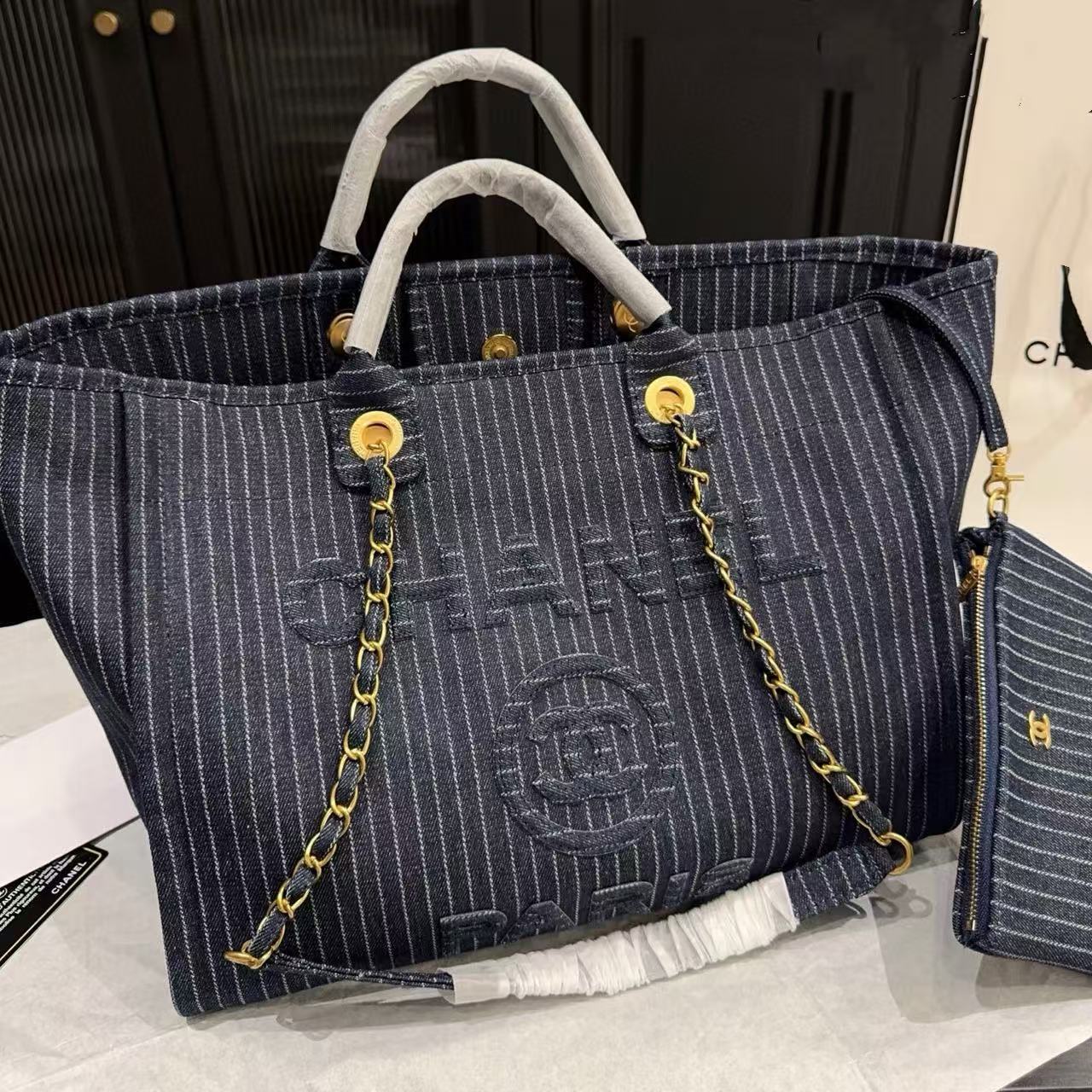 CHANE1 デニムチェーンビーチバッグ【50％割引+送料無料】