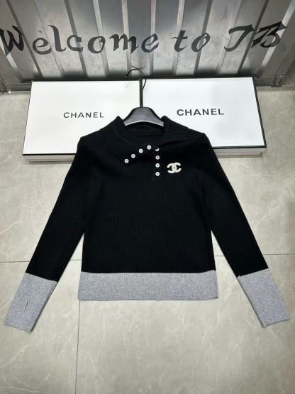 CHANE1 ブローチ付きカラーブロックウールセーター【50％割引+送料無料】