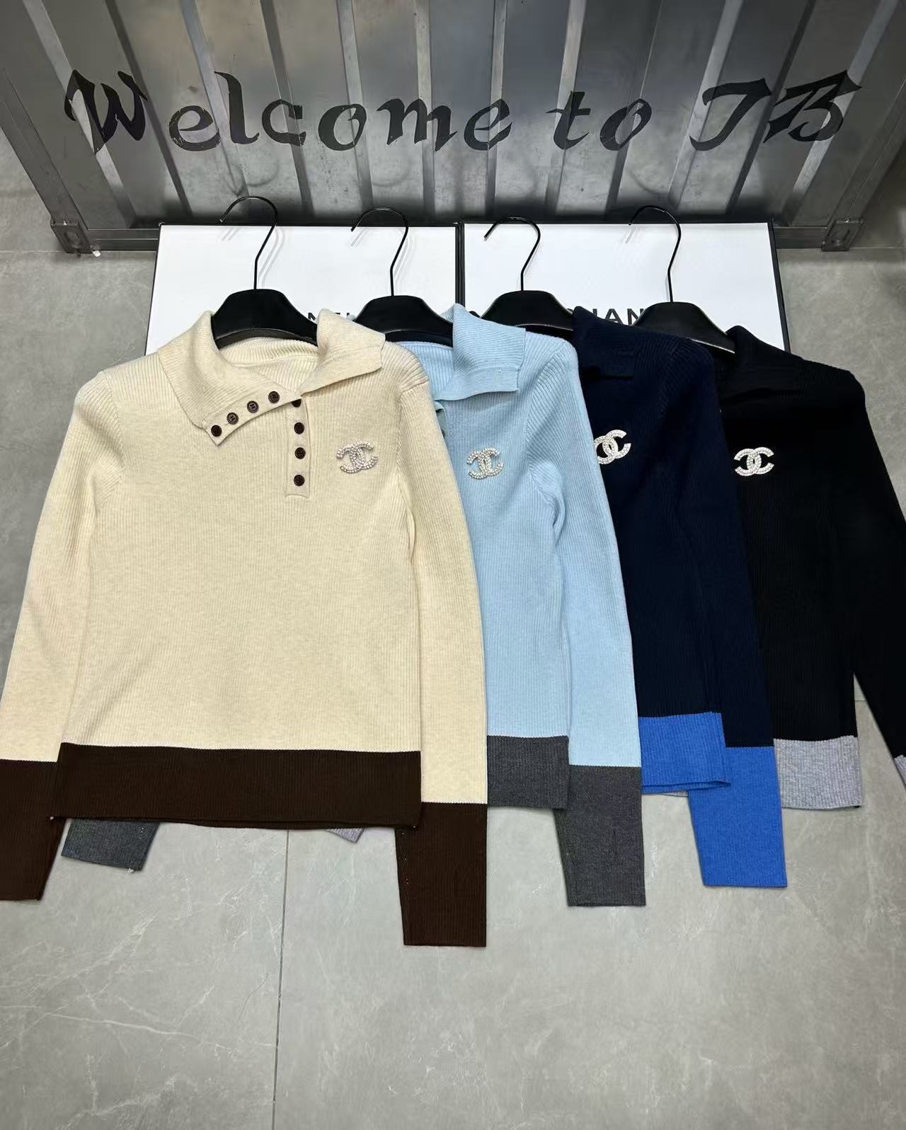 CHANE1 ブローチ付きカラーブロックウールセーター【50％割引+送料無料】