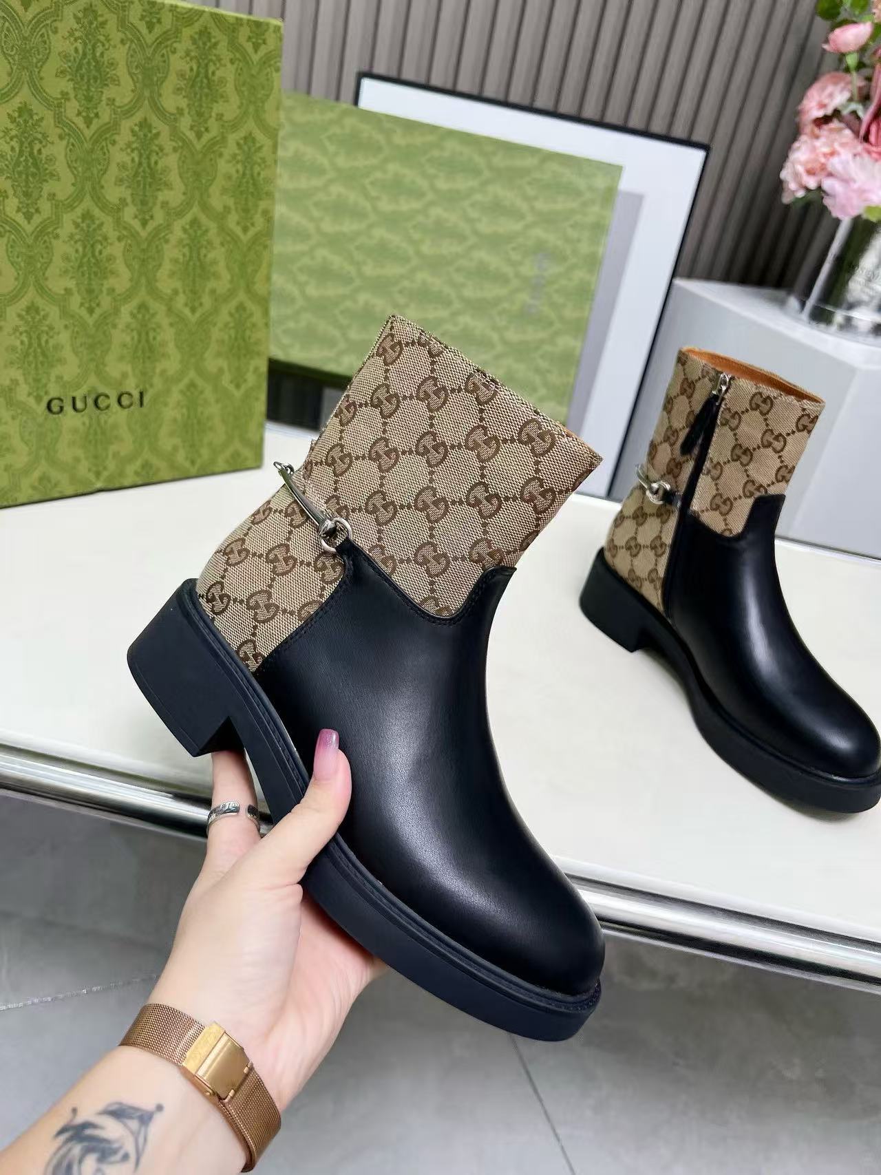 GUCC1 高品質ジャカードホースビットアンクルブーツ【50％割引+送料無料】