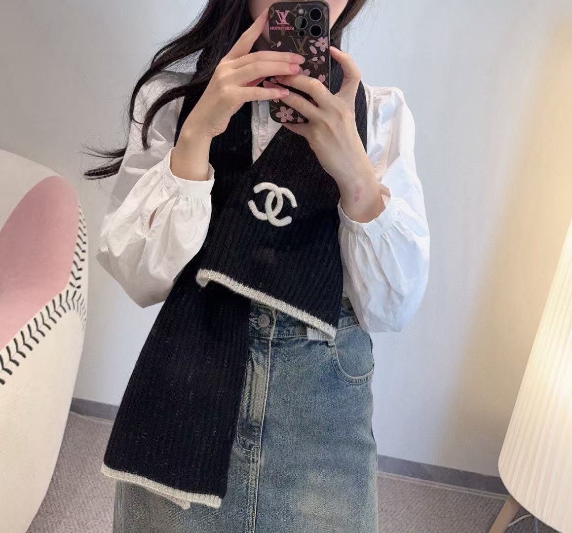 CHANE1 ブラック＆ホワイト カシミアスカーフ【50％割引+送料無料】