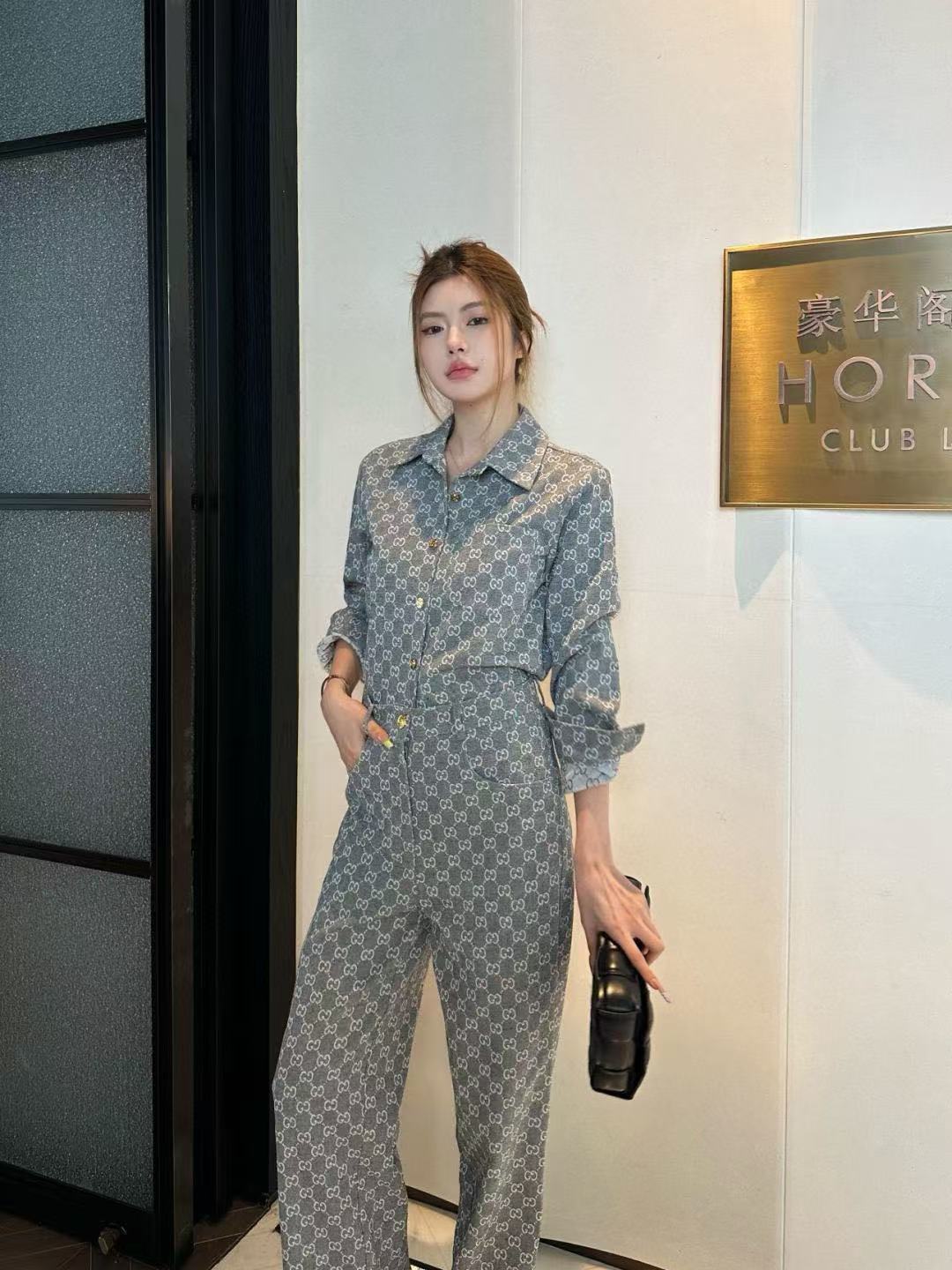 GUCC1 ジャカードデニムシャツとパンツのツーピースセット【50％割引+送料無料】