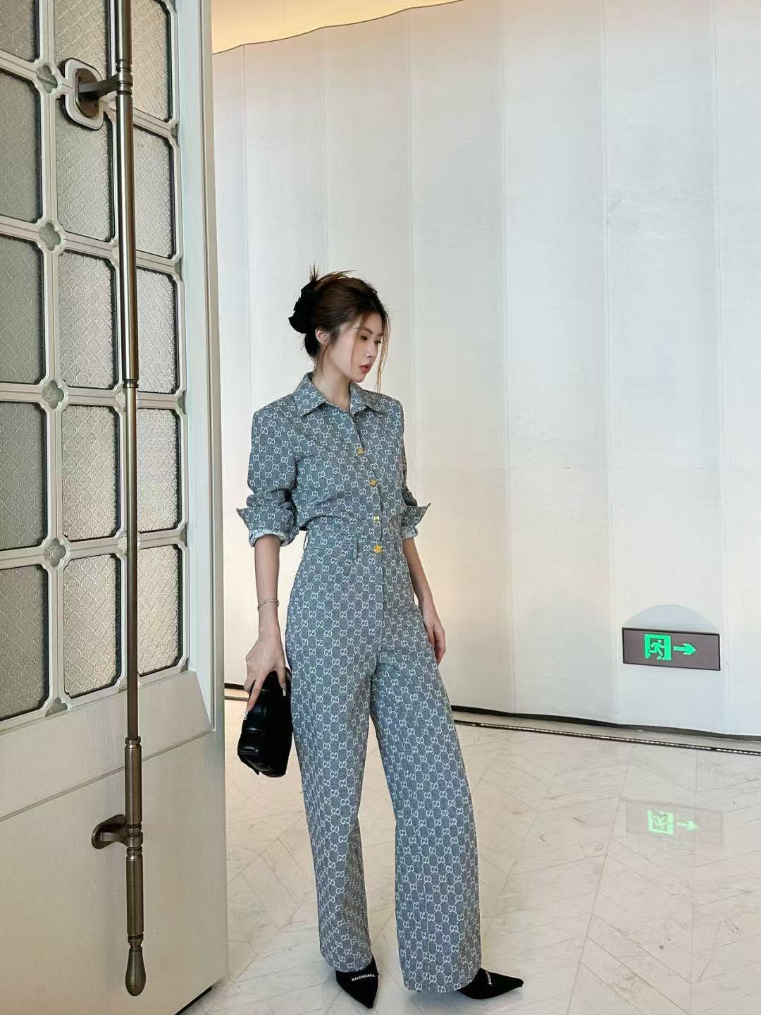 GUCC1 ジャカードデニムシャツとパンツのツーピースセット【50％割引+送料無料】