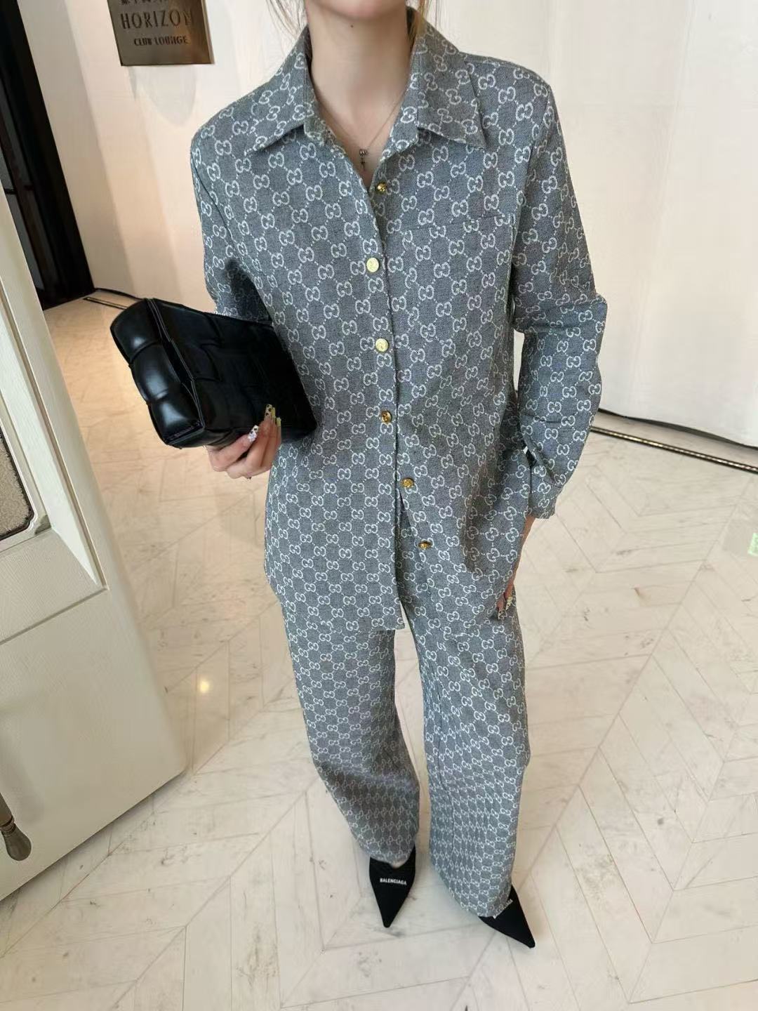 GUCC1 ジャカードデニムシャツとパンツのツーピースセット【50％割引+送料無料】