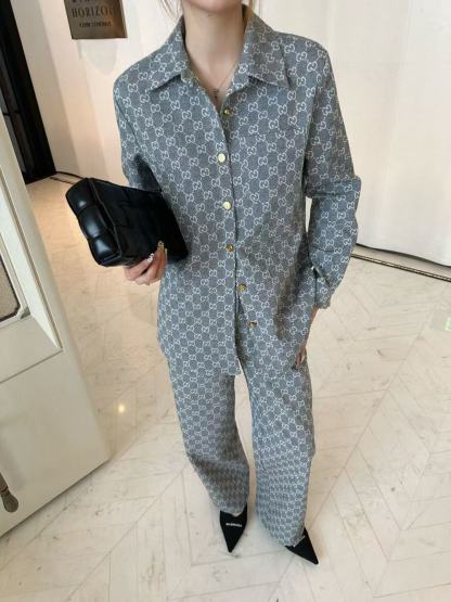 GUCC1 ジャカードデニムシャツとパンツのツーピースセット【50％割引+送料無料】
