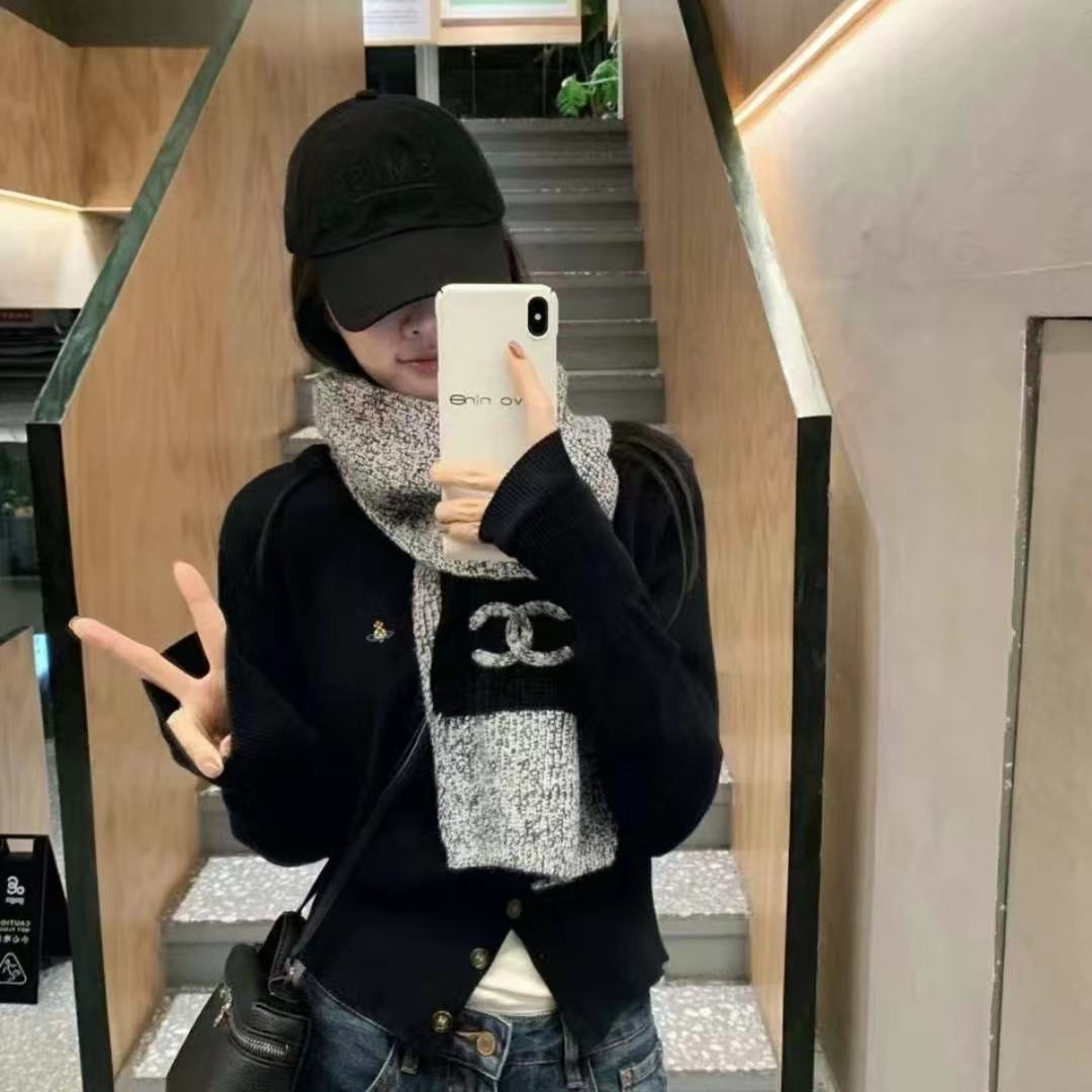 CHANE1 ダブルC カラーブロック カシミアスカーフ【50％割引+送料無料】