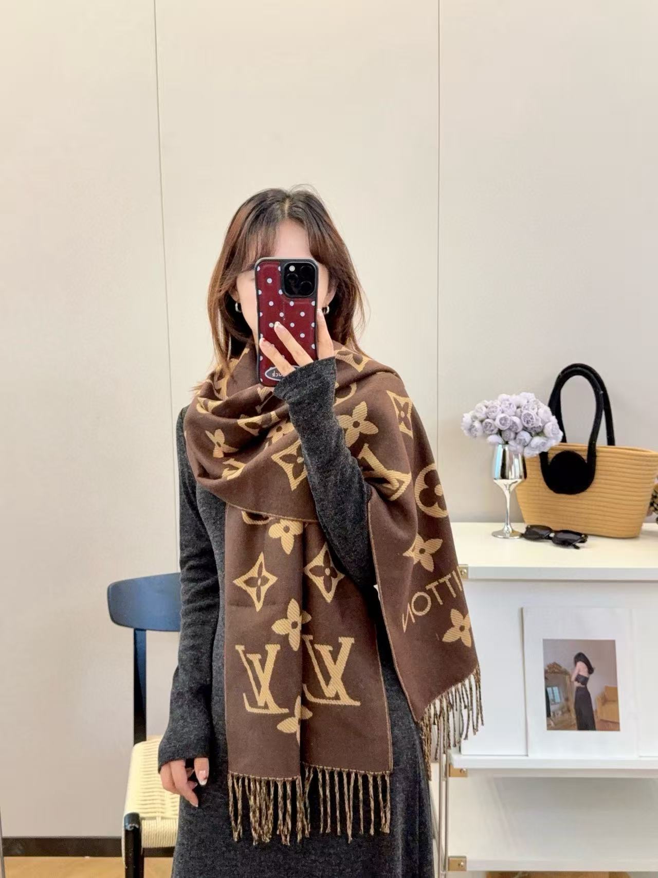 LVプリントタッセルウールスカーフ【50％割引+送料無料】
