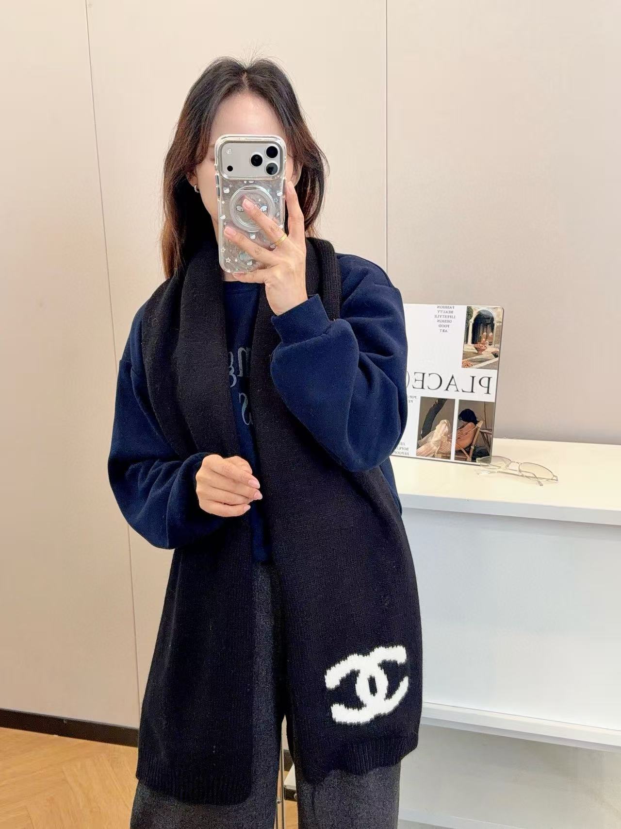 CHANE1 シンプルダブルC カシミアスカーフ【50％割引+送料無料】