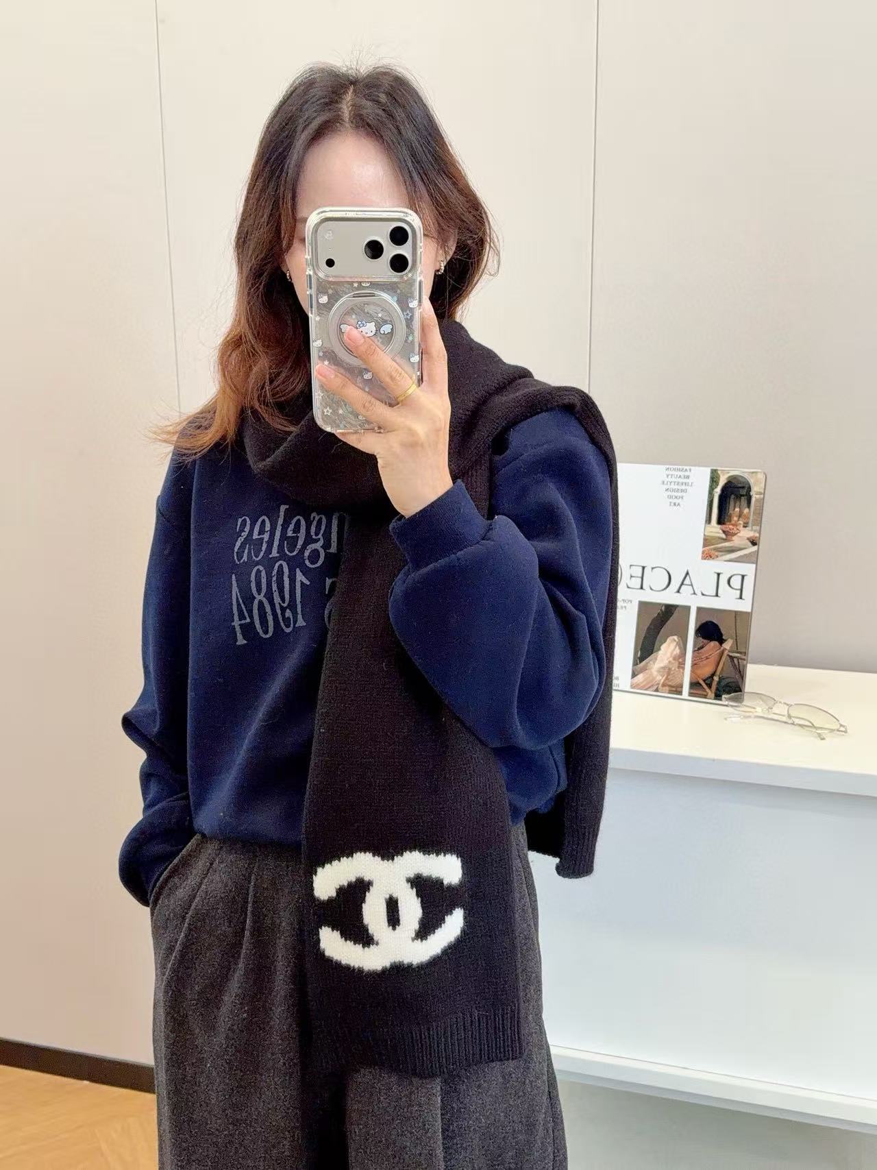 CHANE1 シンプルダブルC カシミアスカーフ【50％割引+送料無料】