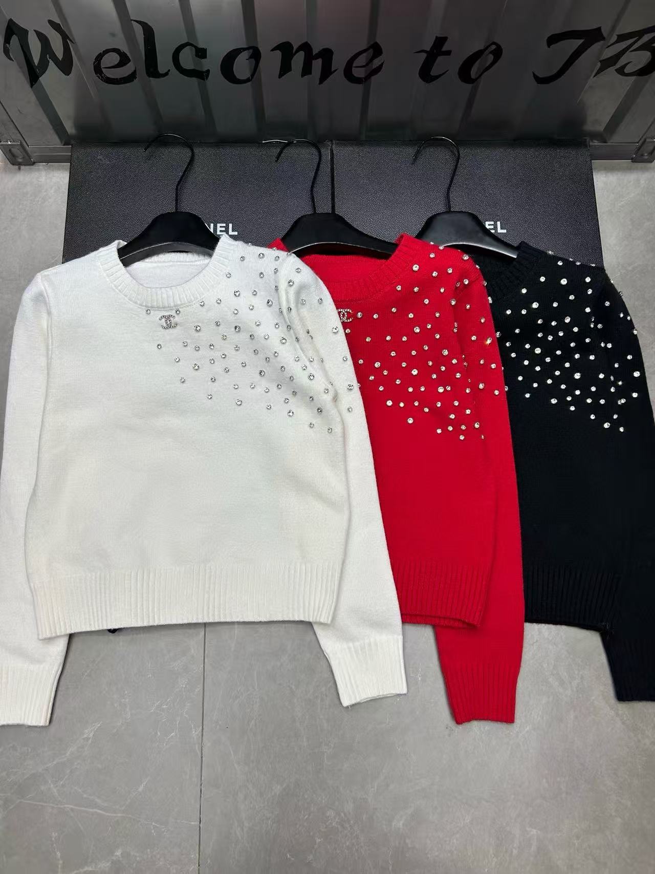 CHANE1 ラインストーン ダブルC 長袖ウールセーター【50％割引+送料無料】