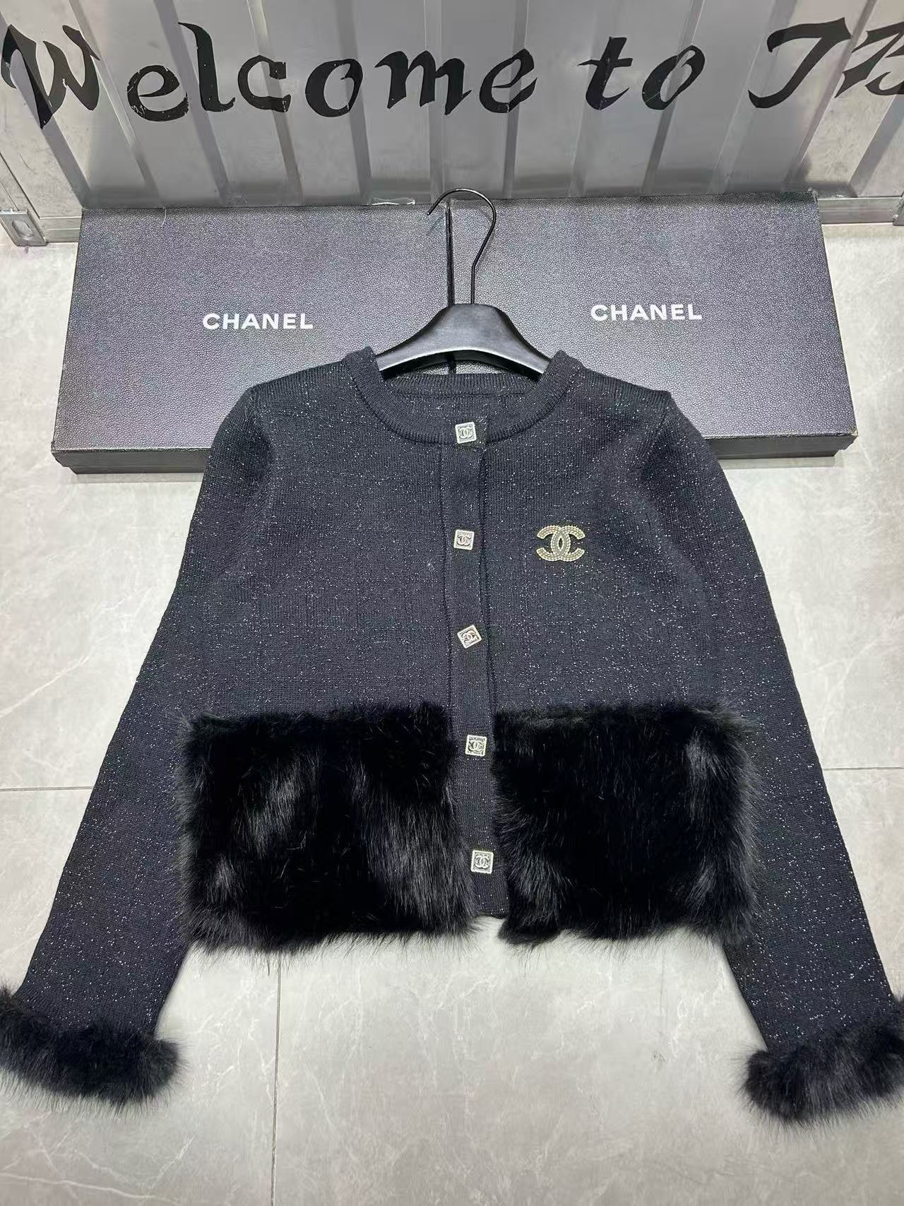 CHANE1 ミンクファーパッチワークダブルCカーディガン【50％割引+送料無料】