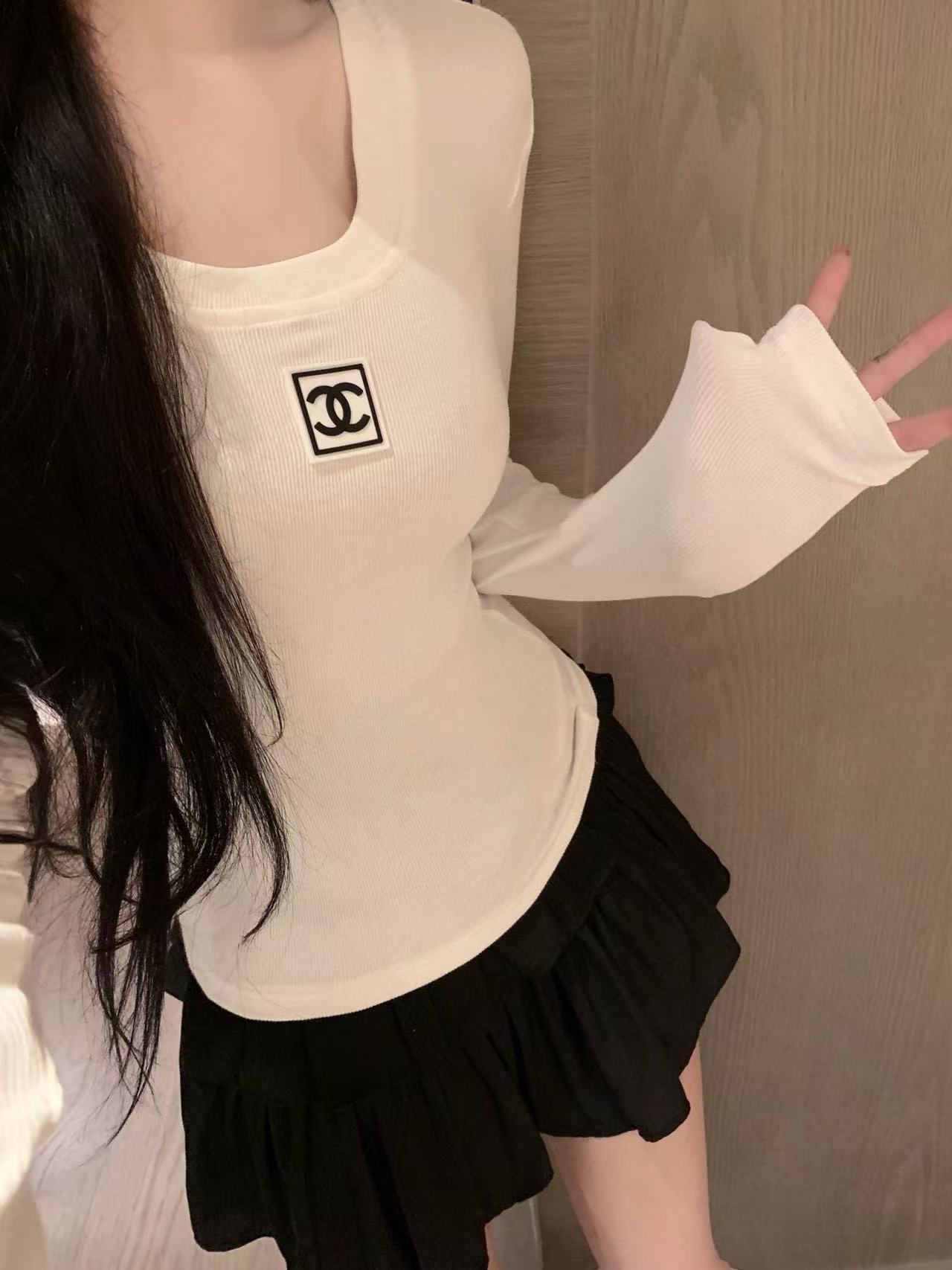 CHANE1 シンプルダブルC ロングスリーブTシャツ【50％割引+送料無料】