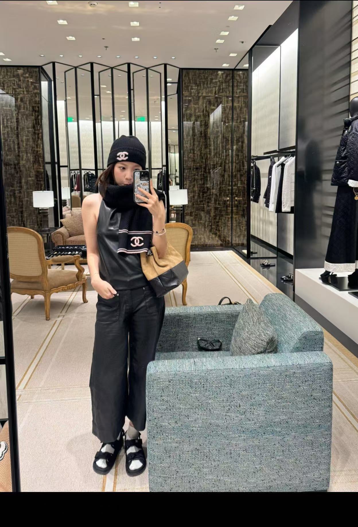 CHANE1 ダブルC カラーブロック ウールスカーフ【50％割引+送料無料】