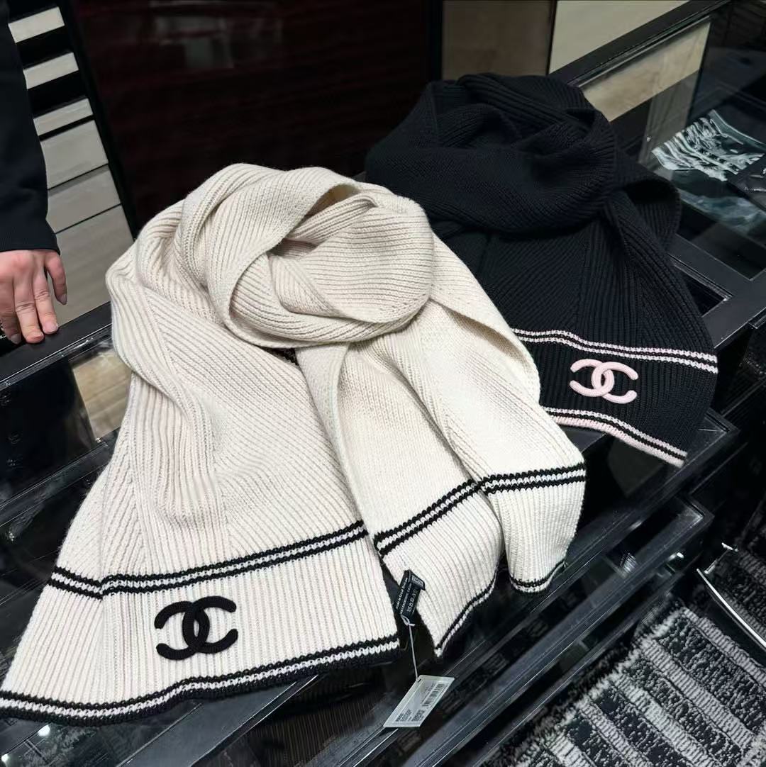 CHANE1 ダブルC カラーブロック ウールスカーフ【50％割引+送料無料】