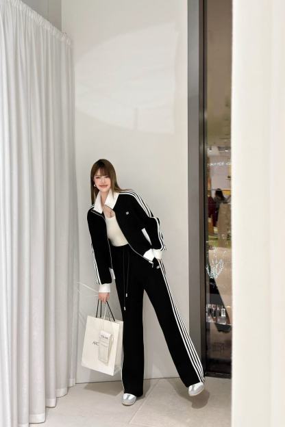CEL1NE ブラック＆ホワイト カジュアルジャケット＋パンツ ツーピースセット【50％割引+送料無料】