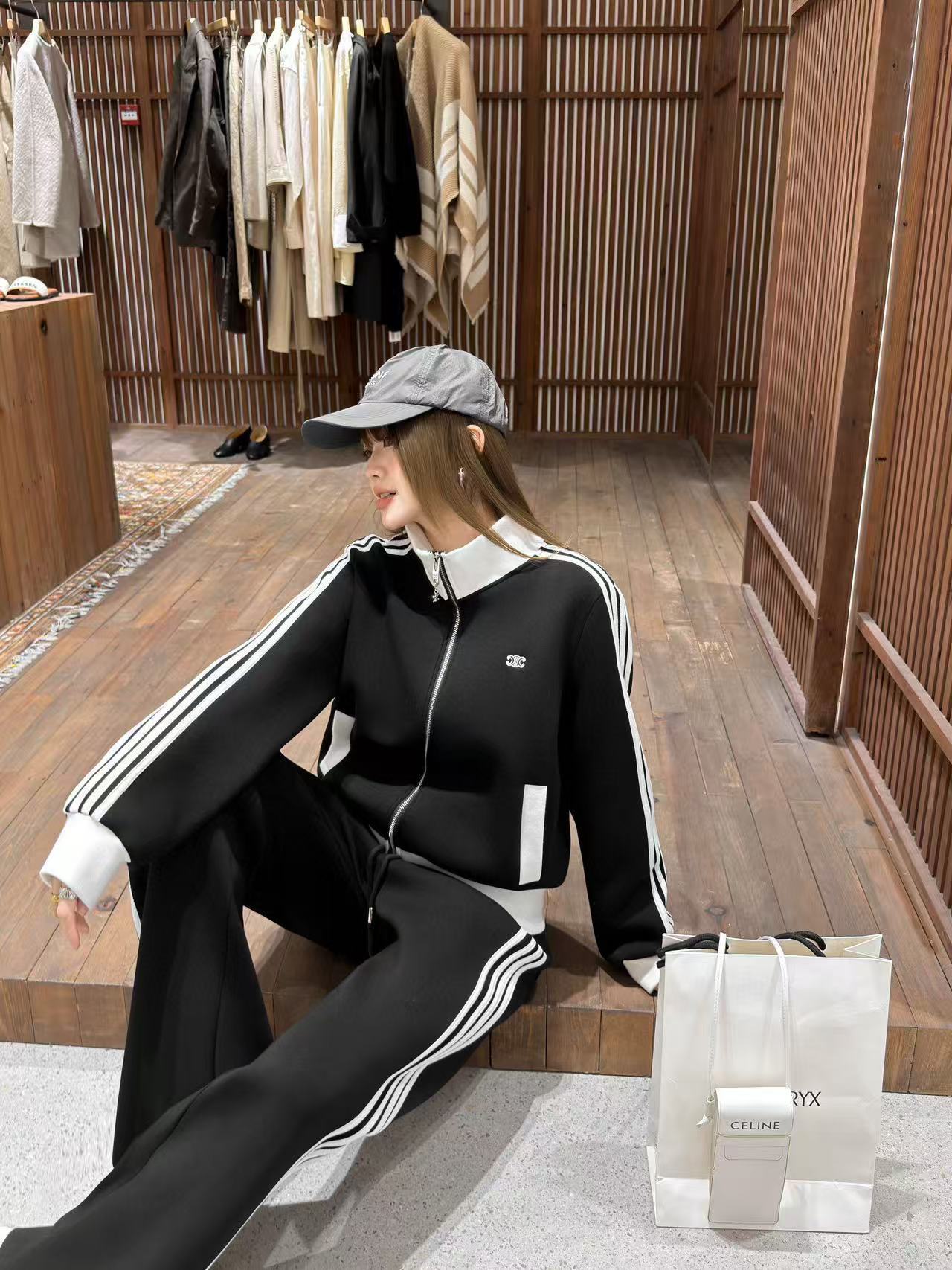 CEL1NE ブラック＆ホワイト カジュアルジャケット＋パンツ ツーピースセット【50％割引+送料無料】