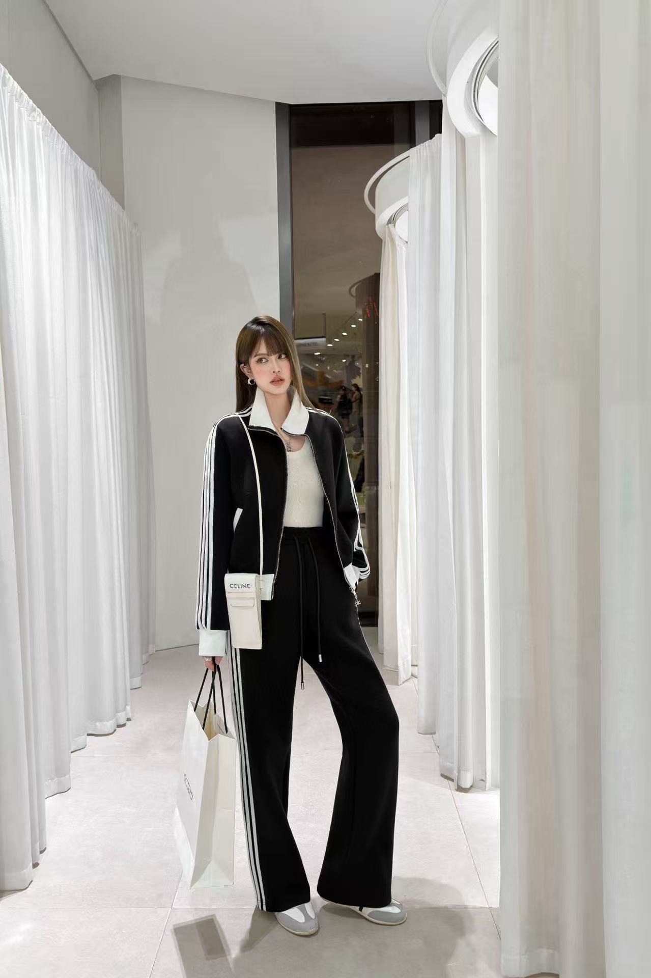 CEL1NE ブラック＆ホワイト カジュアルジャケット＋パンツ ツーピースセット【50％割引+送料無料】