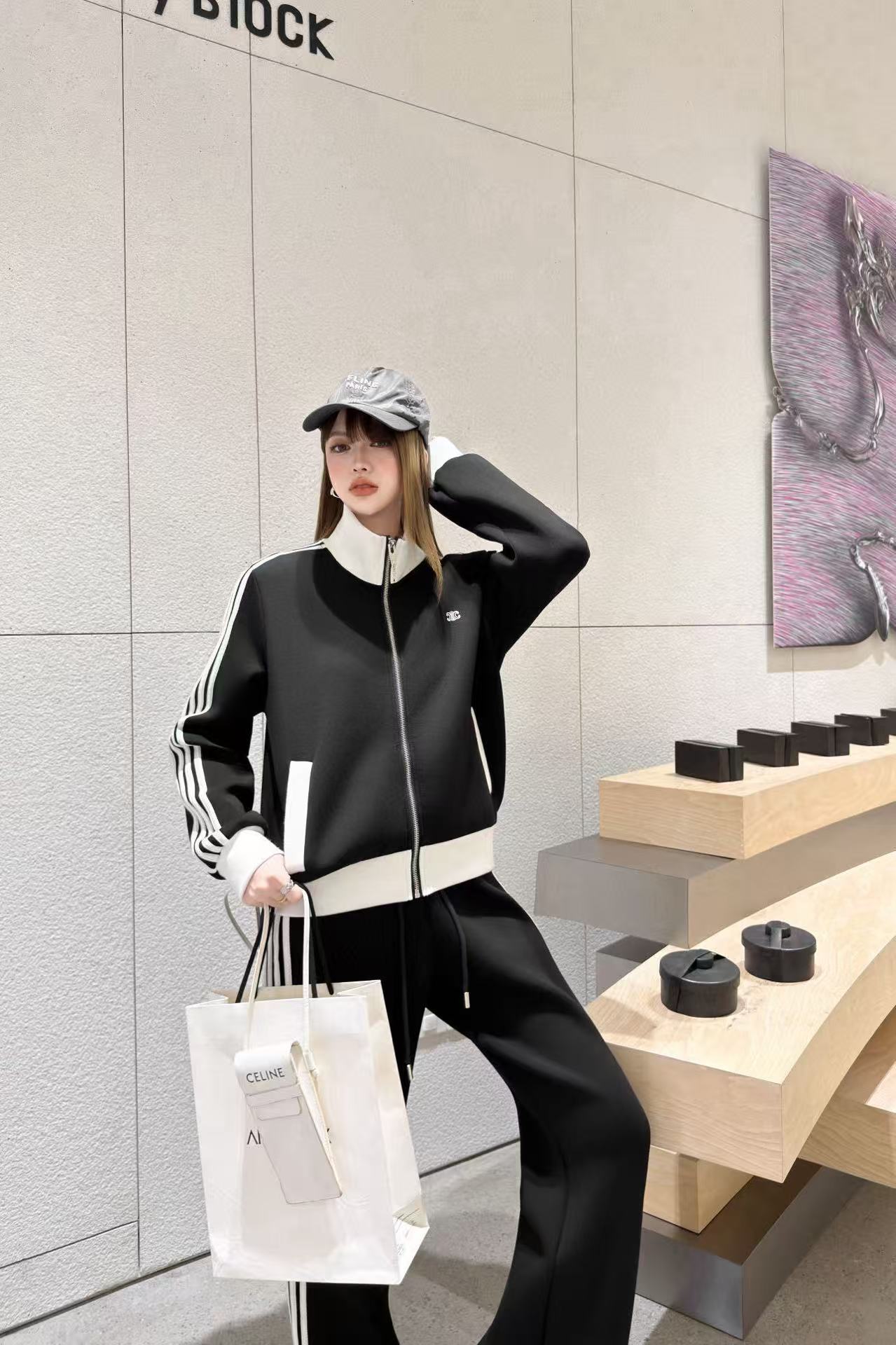 CEL1NE ブラック＆ホワイト カジュアルジャケット＋パンツ ツーピースセット【50％割引+送料無料】