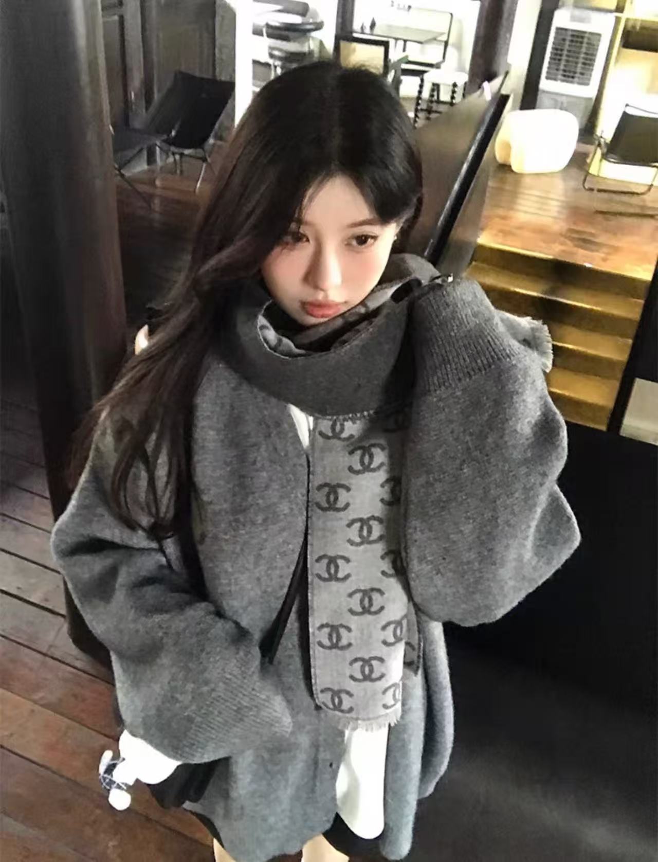 CHANE1 ダブルC カシミアスカーフ【50％割引+送料無料】