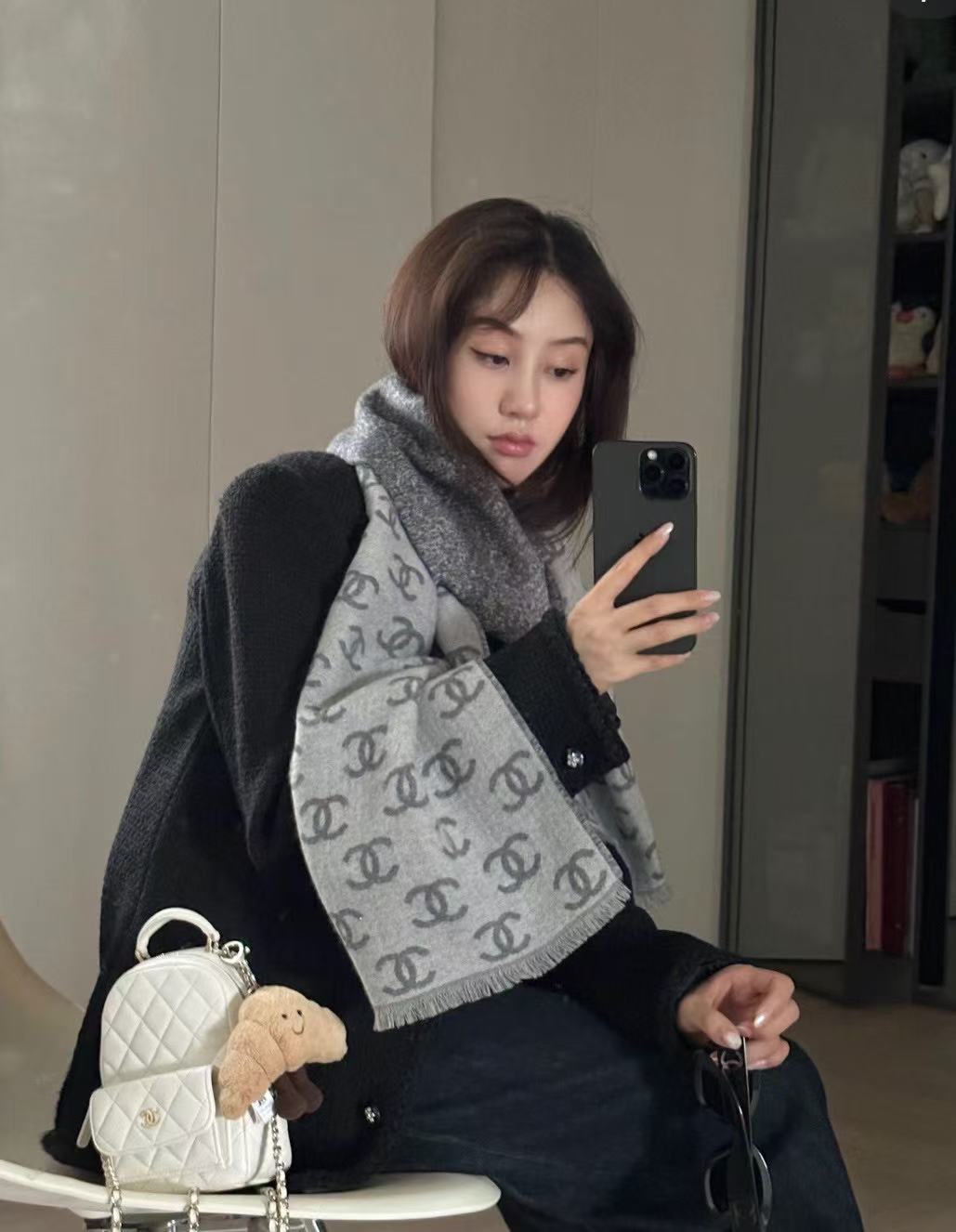 CHANE1 ダブルC カシミアスカーフ【50％割引+送料無料】