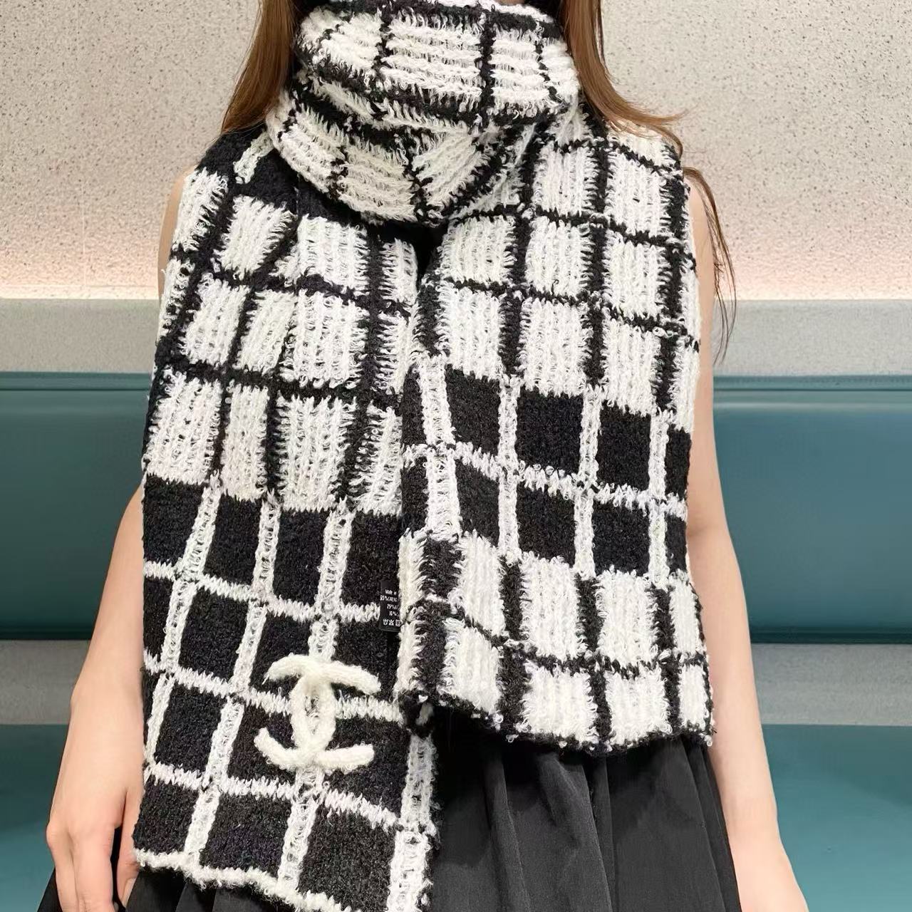 CHANE1 ダブルCチェックカシミヤマフラー【50％割引+送料無料】