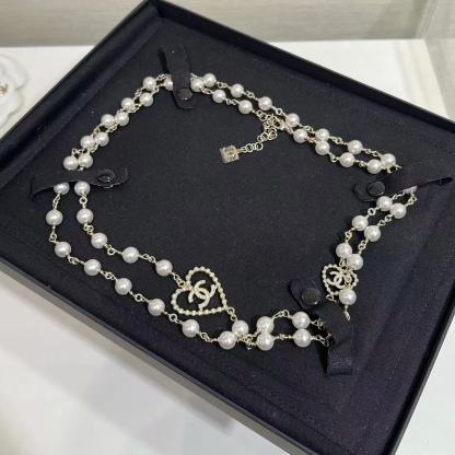 CHANE1 ダブルC パールハート セーターネックレス【50％割引+送料無料】