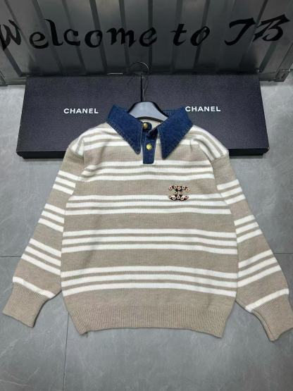 CHANE1 ダブルCロゴ入り襟付きストライプセーター【50％割引+送料無料】
