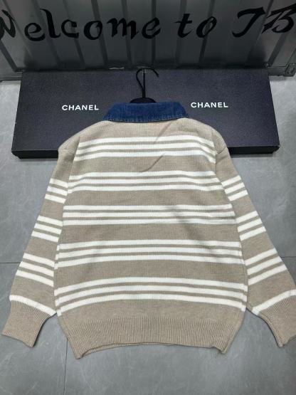 CHANE1 ダブルCロゴ入り襟付きストライプセーター【50％割引+送料無料】