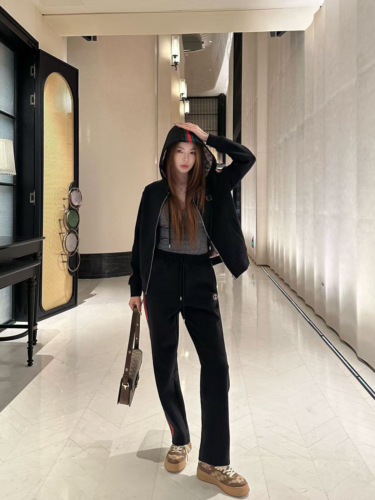 GUCC1 フード付きジップアップジャケット + パンツ ツーピースセット【50％割引+送料無料】