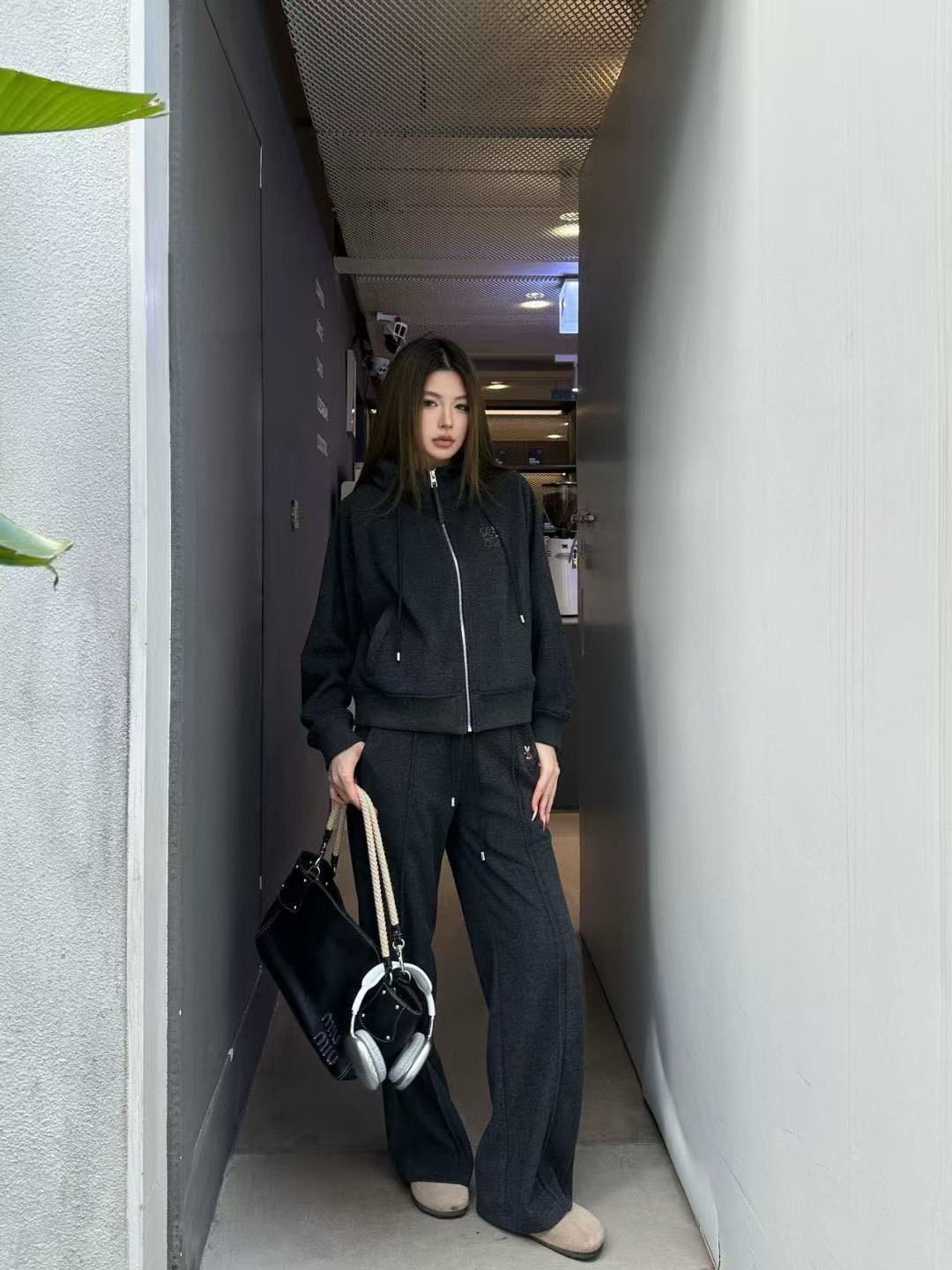 L0WEW フード付きジップアップジャケット + パンツ ツーピースセット【50％割引+送料無料】