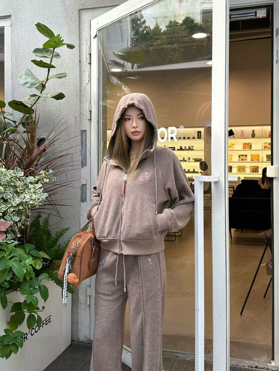 L0WEW フード付きジップアップジャケット + パンツ ツーピースセット【50％割引+送料無料】