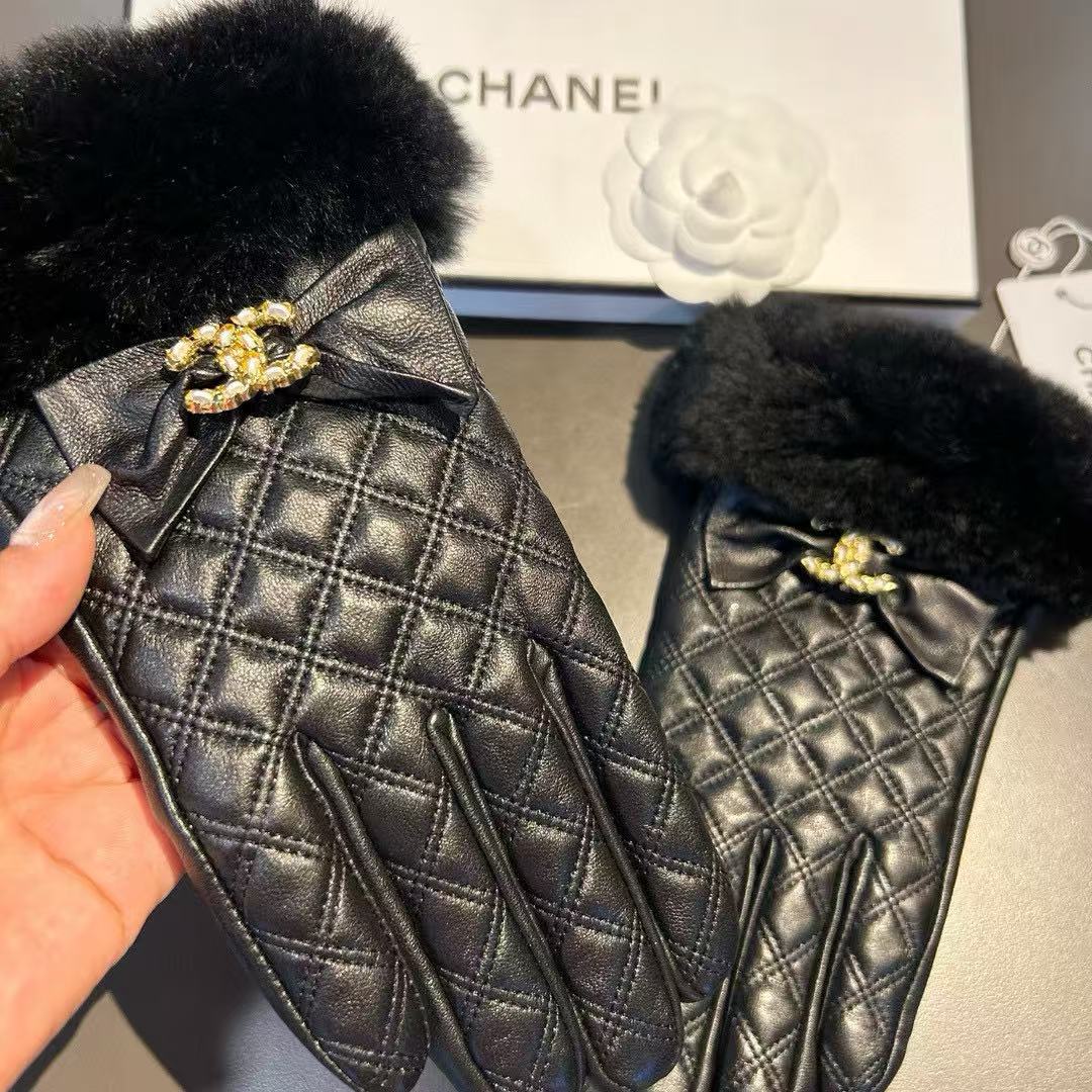 CHANE1 ダブルC ボウ ラビットファーグローブ【50％割引+送料無料】