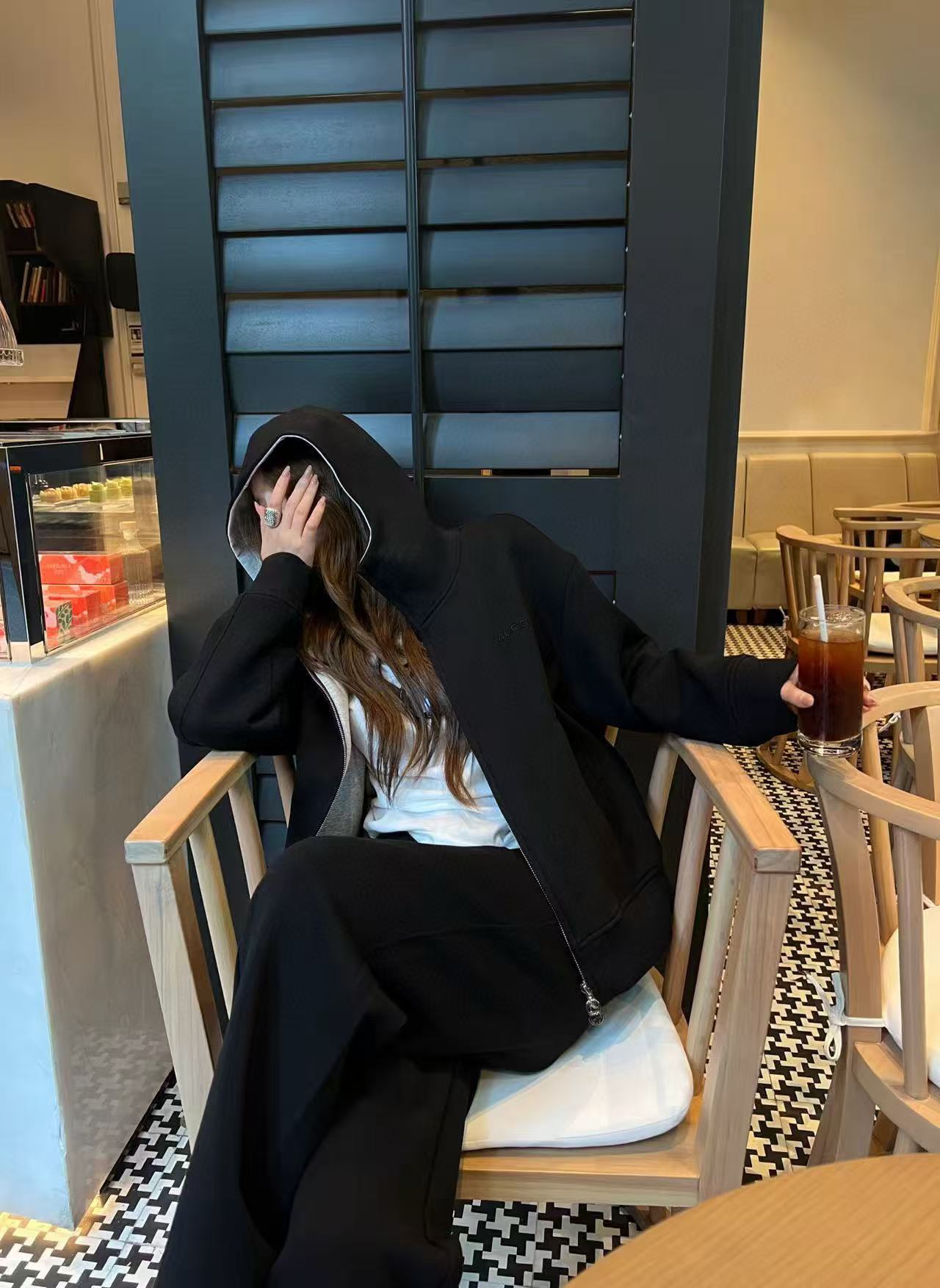 LVフード付きジップアップジャケット+ワイドレッグパンツのツーピースセット【50％割引+送料無料】