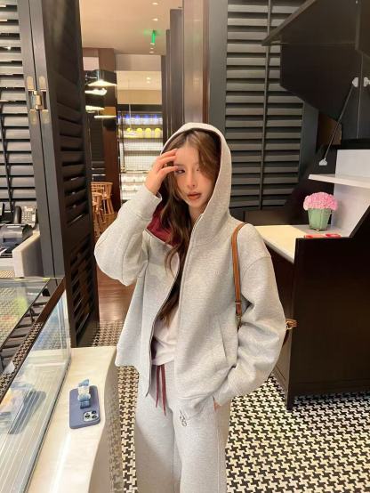 LVフード付きジップアップジャケット+ワイドレッグパンツのツーピースセット【50％割引+送料無料】