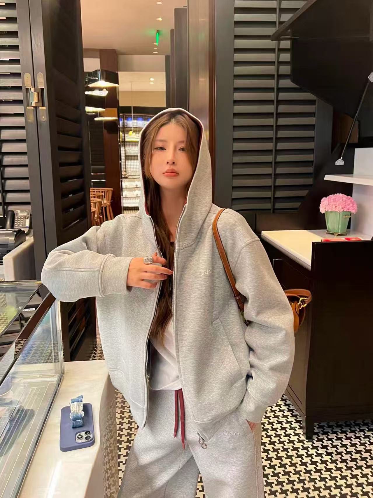 LVフード付きジップアップジャケット+ワイドレッグパンツのツーピースセット【50％割引+送料無料】