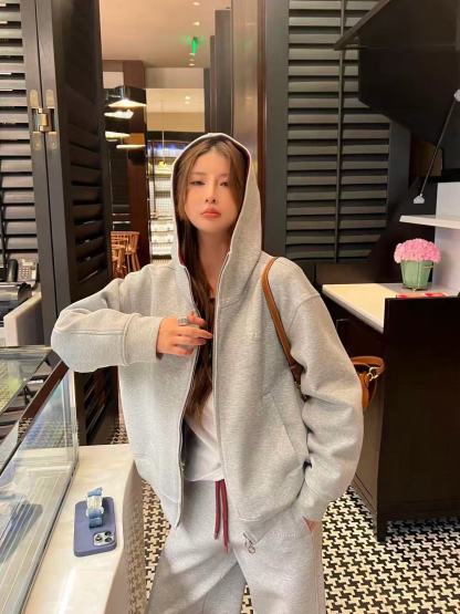 LVフード付きジップアップジャケット+ワイドレッグパンツのツーピースセット【50％割引+送料無料】