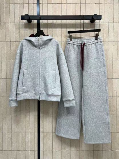 LVフード付きジップアップジャケット+ワイドレッグパンツのツーピースセット【50％割引+送料無料】