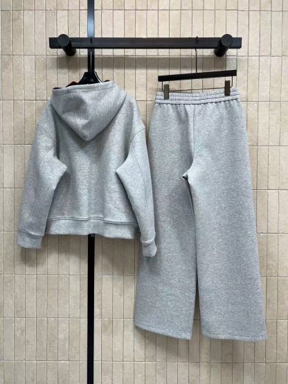 LVフード付きジップアップジャケット+ワイドレッグパンツのツーピースセット【50％割引+送料無料】