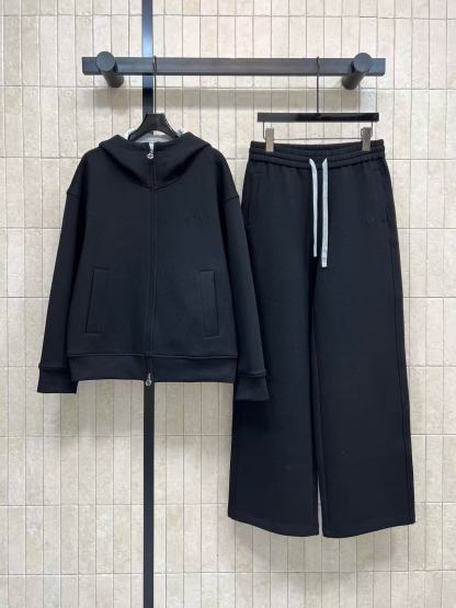 LVフード付きジップアップジャケット+ワイドレッグパンツのツーピースセット【50％割引+送料無料】