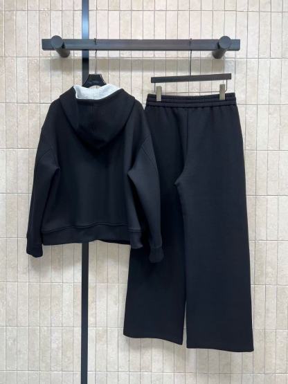 LVフード付きジップアップジャケット+ワイドレッグパンツのツーピースセット【50％割引+送料無料】