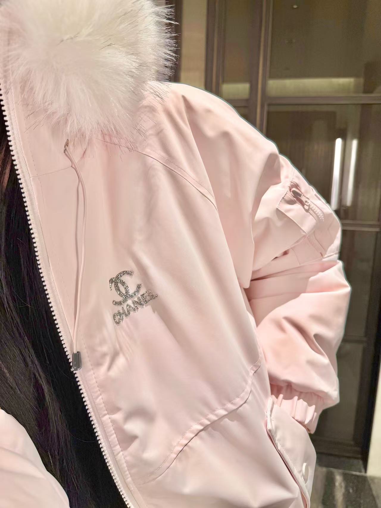 CHANE1 ファーカラー ラインストーン フードジャケット【50％割引+送料無料】