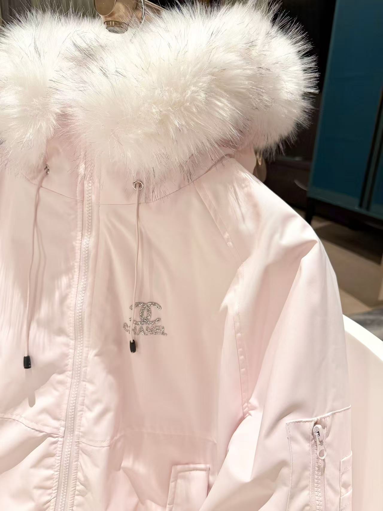 CHANE1 ファーカラー ラインストーン フードジャケット【50％割引+送料無料】