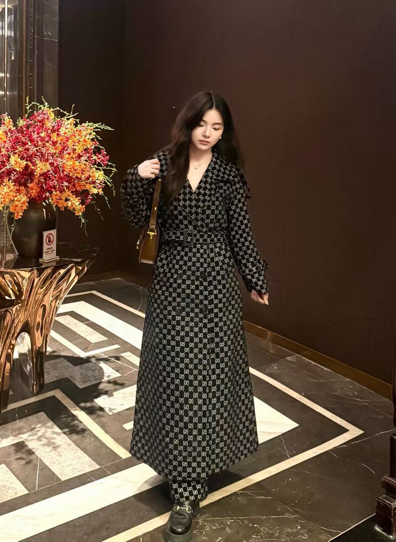 GUCC1 ジャカードラペルロングコート【50％割引+送料無料】