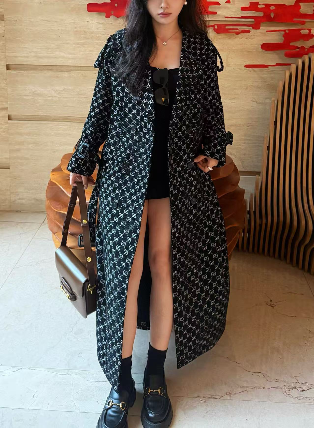 GUCC1 ジャカードラペルロングコート【50％割引+送料無料】