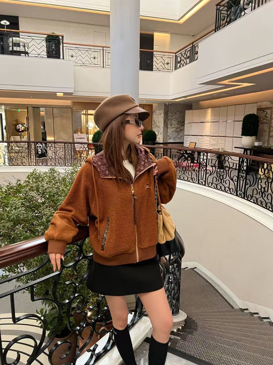 LV フード付きドローストリングシアリングジッパージャケット【50％割引+送料無料】