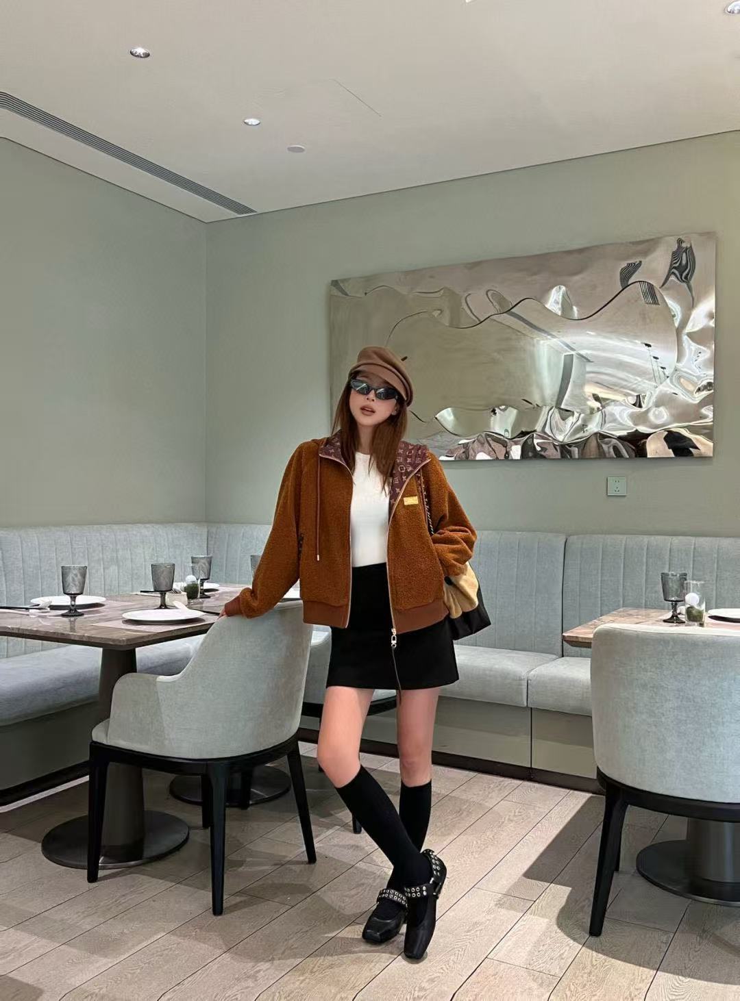 LV フード付きドローストリングシアリングジッパージャケット【50％割引+送料無料】