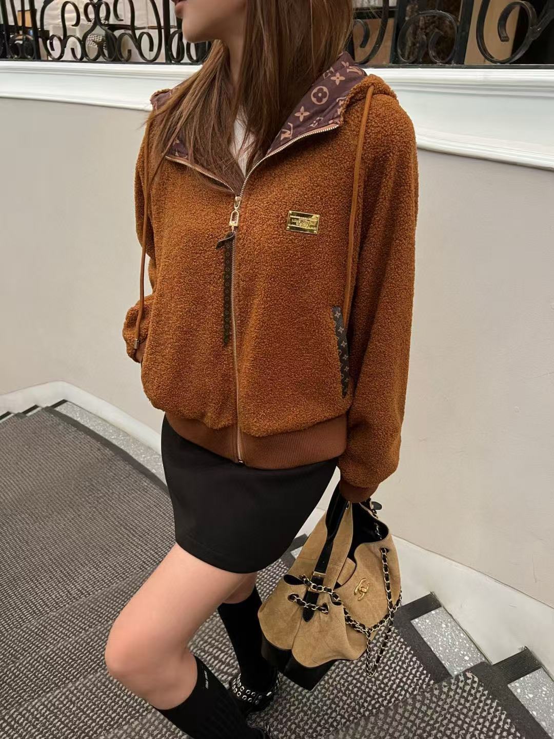 LV フード付きドローストリングシアリングジッパージャケット【50％割引+送料無料】