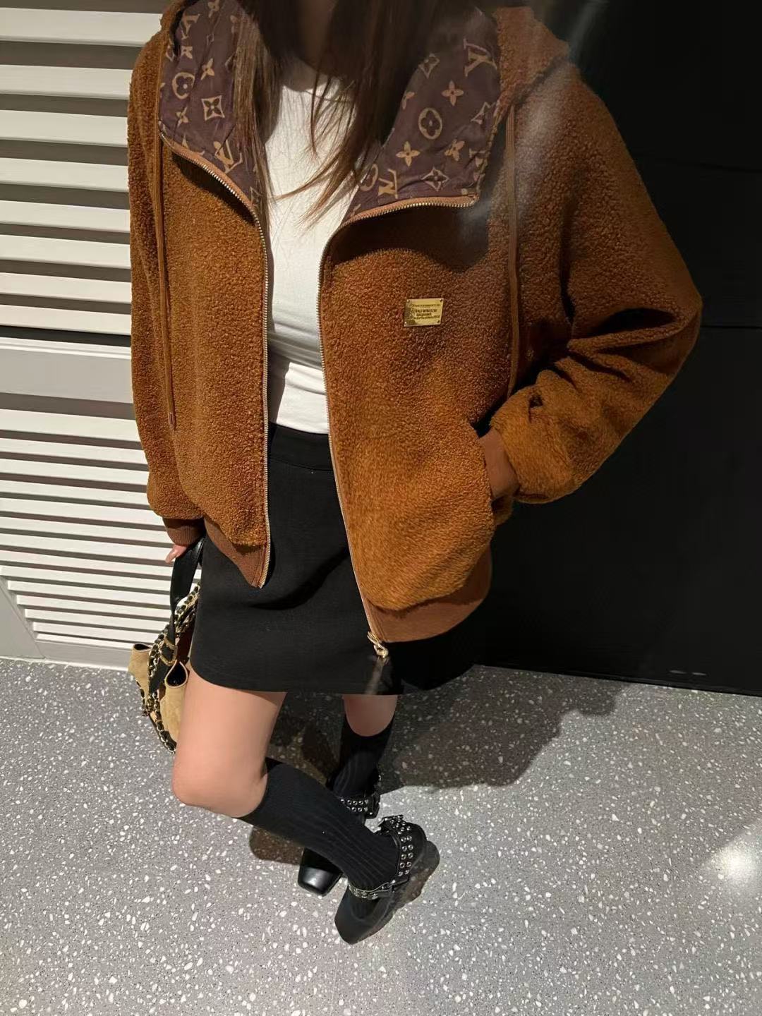 LV フード付きドローストリングシアリングジッパージャケット【50％割引+送料無料】