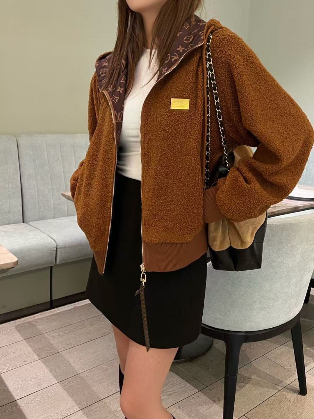 LV フード付きドローストリングシアリングジッパージャケット【50％割引+送料無料】